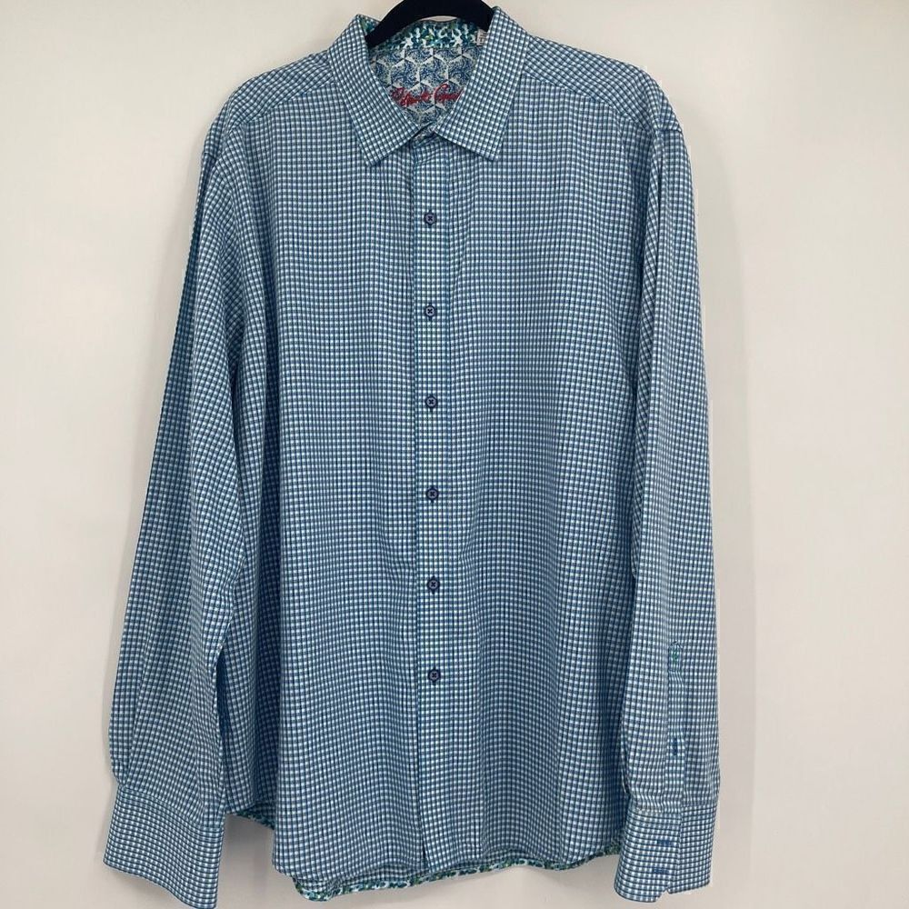 Robert Graham Men's Blue & White Checkered Print Button-Up Shirt Size 2XL